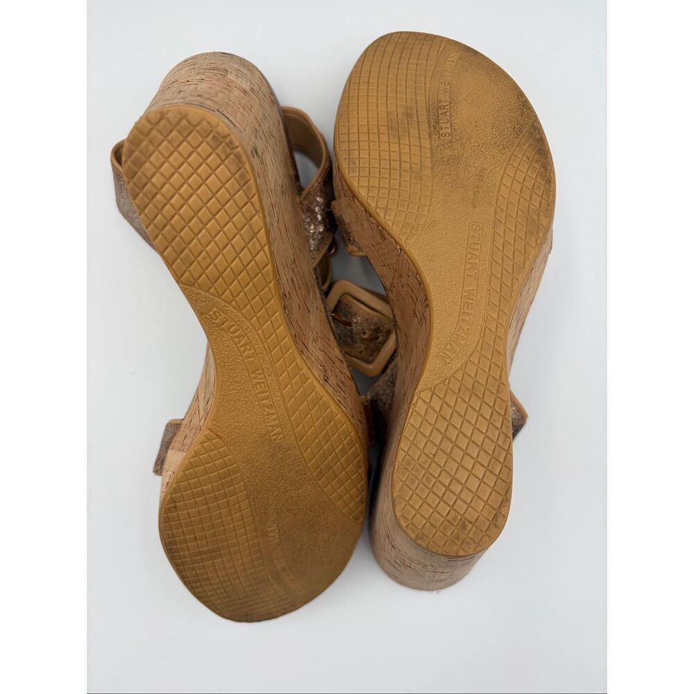 Stuart Weitzman Annex Penny Cork Wedge Sandals Metallic Crackle Leather 10.5 - Picture 9 of 12